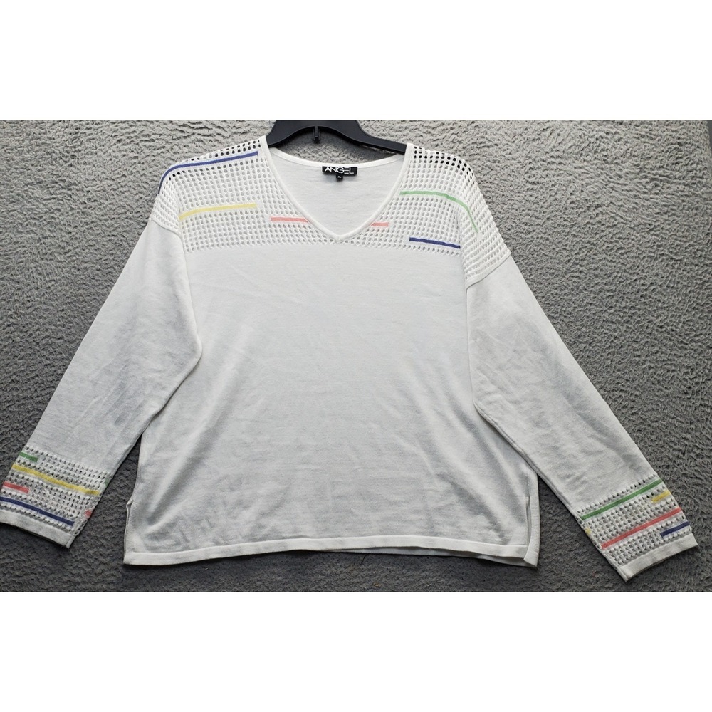 Angel Sweater Womens XL White Eyelet Mesh‎ Long Sleeve Side Slit V-Neck Pullover